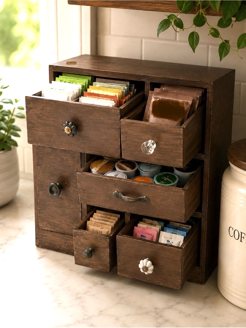 Wooden Tea & Coffee Pod Coco Organizer Apothecary Brown Faux Wood Grained Paint